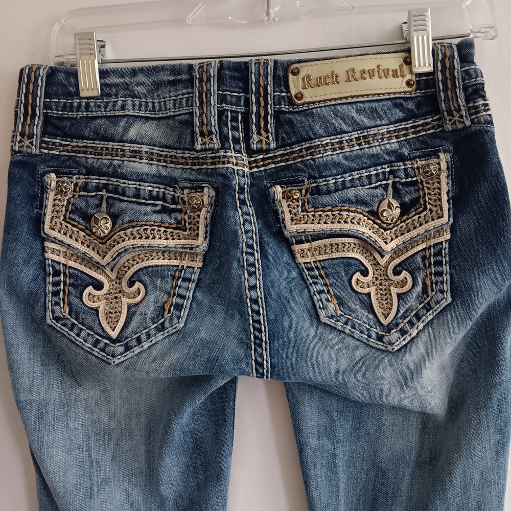 Rock Revival Kai Skinny Jeans Women 26 *28x31 Blue Embroidered Flap Pocket Y2K